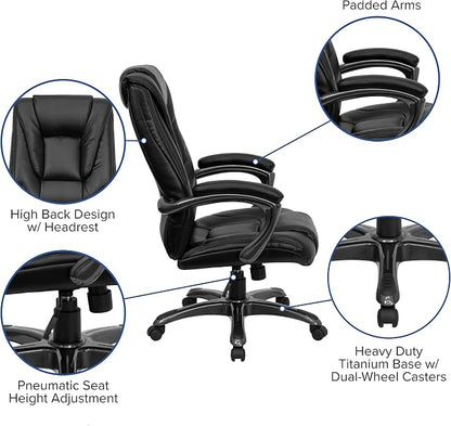 EMMA + OLIVER High Back Black LeatherSoft Layered Upholstered Executive Swivel Ergonomic Office Chair with Smoke Metal Base and Arms