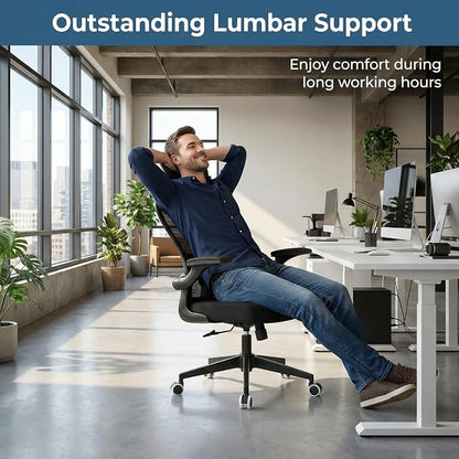 Office Chair with Adjustable Lumbar Support & Flip-Up Armrests -Ergonomic High Back Computer Desk Chair with Thickened Seat Cushion, Rolling Wheels for Home/Office Study Work (02H-Black)