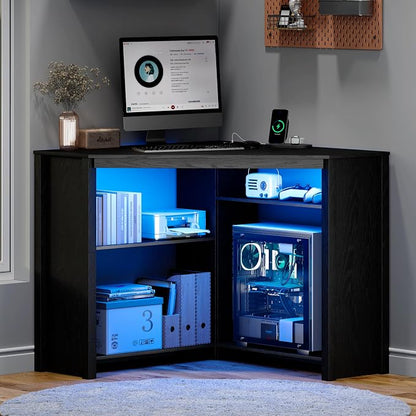 Corner Desk with Charging Station & LED Light, Triangle Corner Desk with CPU Stand & Storage Shelves, Gaming Computer Desk for Home Office -Black