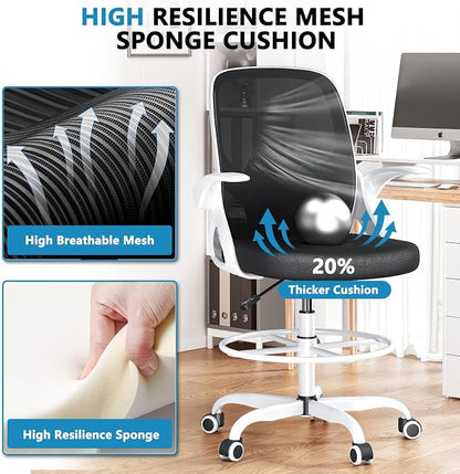 Kensaker Drafting Chair Tall Office Chair, Ergonomic Standing Desk Chair with Adjustable Foot Ring and Flip-up Armrests, Mesh Computer Chair for Art Studio, 300 LBS, White