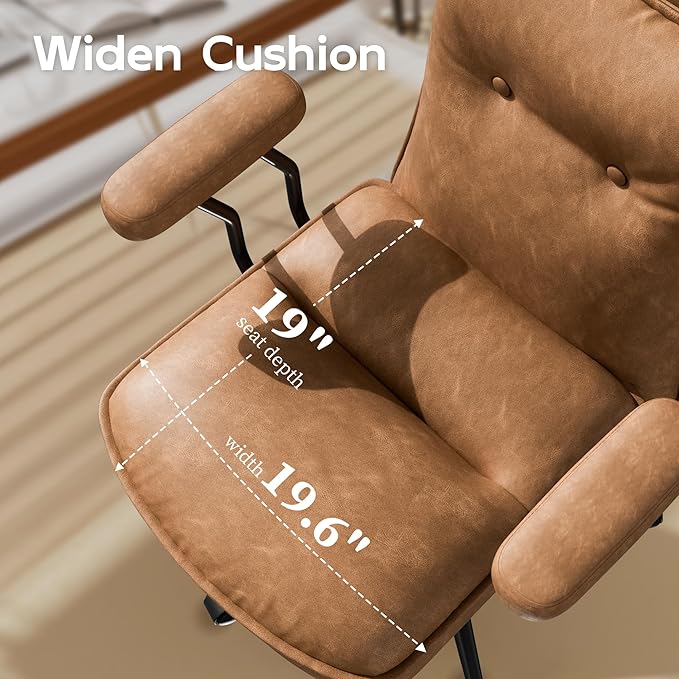 Brown Leather Office Chair with Triple-Layer Seat, Home Desk Chair | Comfy 7.3-inch Thick Cushion, Mid Back Ergonomic Support for Long Hours, Smooth Silent Wheels, Mid-Century Vintage Style