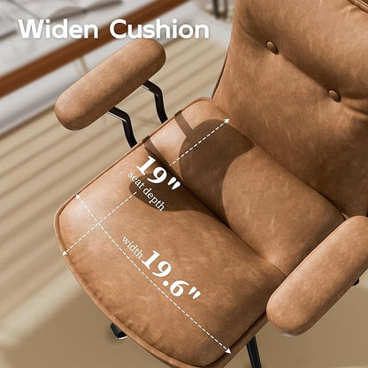 Brown Leather Office Chair with Triple-Layer Seat, Home Desk Chair | Comfy 7.3-inch Thick Cushion, Mid Back Ergonomic Support for Long Hours, Smooth Silent Wheels, Mid-Century Vintage Style