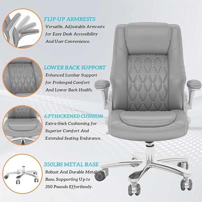 GYI High Back Executive Office Desk Chair, Leather Computer Chair, Grey | 2.6"Rubber Wheels, Flip-up Arms, Heavy Duty Base, Thick Padded Seat, Lumbar Support, Home, Conference Rooms, Reception Areas