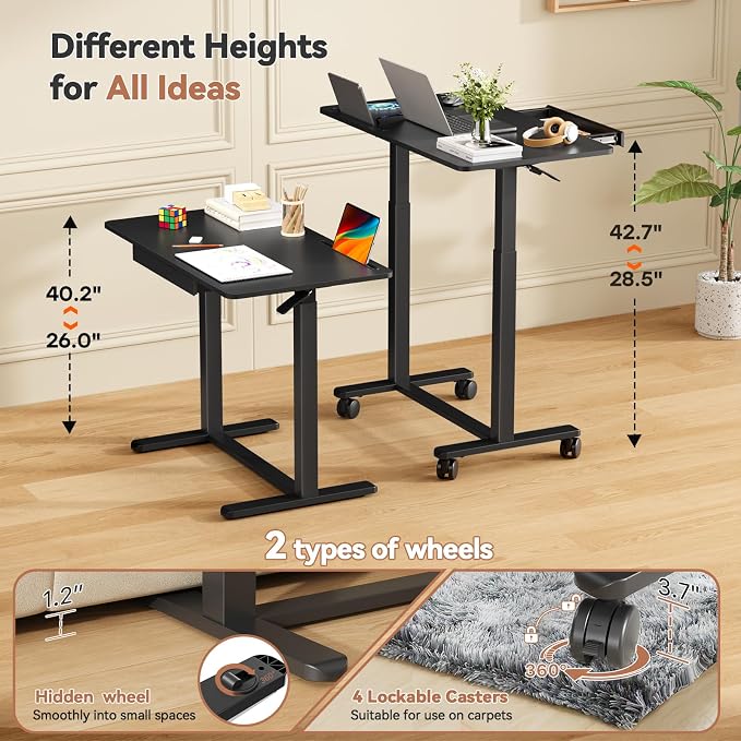 Mobile Standing Desk, 35inch Small Rolling Table with Drawer, Height Adjustable Sit Stand Workstation, Black Portable Laptop Cart with Hidden Wheels or Lockable Casters