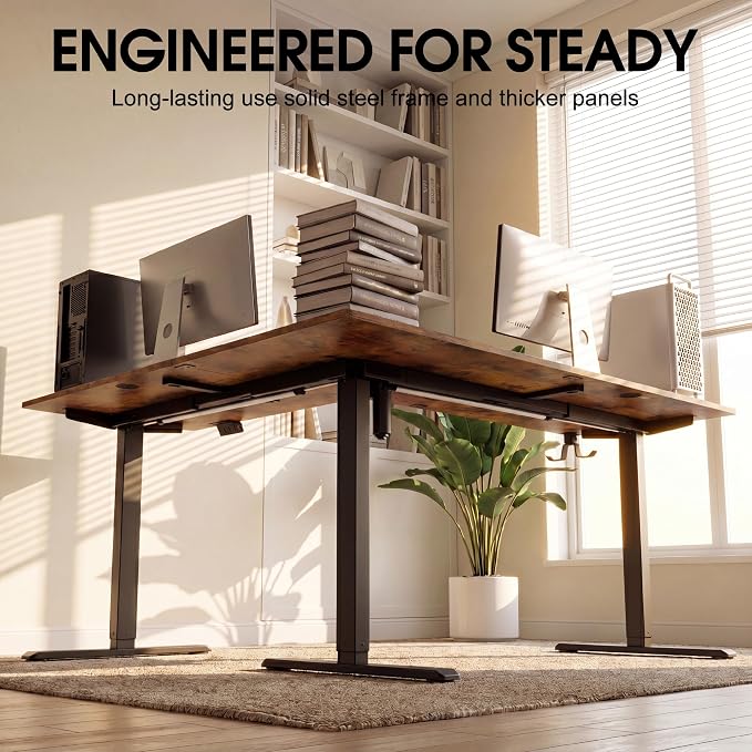 Furmax 63 x 55 Inch L Shaped Standing Desk with 2 Preset Heights, Electric Height Adjustable Computer Table, 2 Hooks & Feet Balance, Corner Sit Stand Desk for Home Office (Rustic Brown, 63 x 55 Inch)