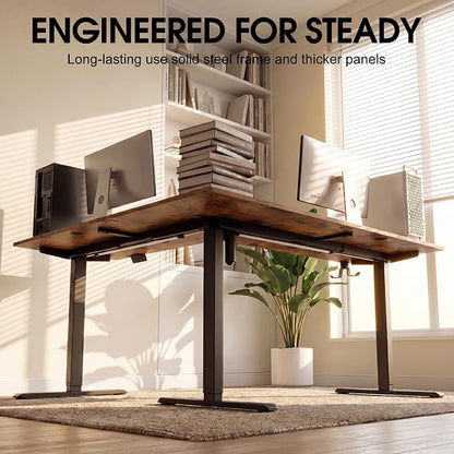 Furmax 63 x 48 Inch L Shaped Standing Desk with 2 Preset Heights, Electric Height Adjustable Computer Table, 2 Hooks & Feet Balance, Corner Sit Stand Desk for Home Office (Rustic Brown, 63 x 48 Inch)