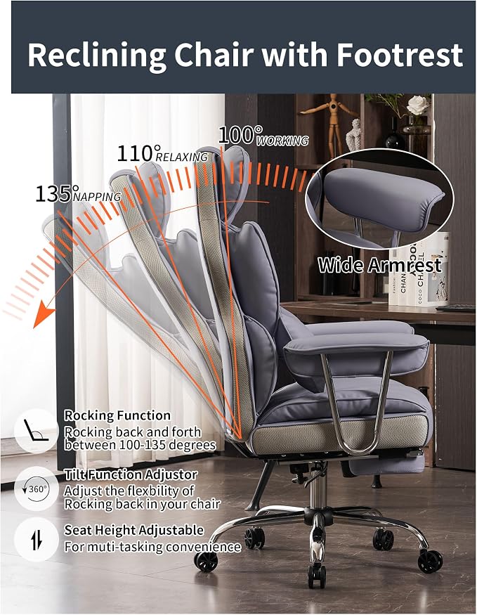 Efomao Big and Tall Office Chair 440LBS, Purple Heavy Duty Executive Chair with Footrest, Ergonomic Desk Chair for Home Office, Wide Computer Chair | 400lbs support, 135° recline, dual-layer foam cushion, 23.5" seat & footrest. BIFMA