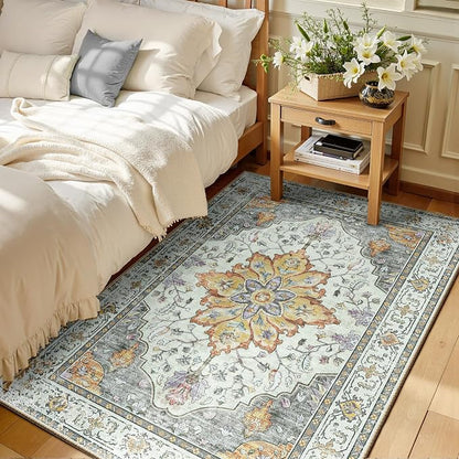 RELEANY Area Rugs 3'x5' Washable Non-Slip, Floral Vintage Distress Medallion Carpet for Living Room Bedroom Dining Room, Beige Carbon Grey Orange