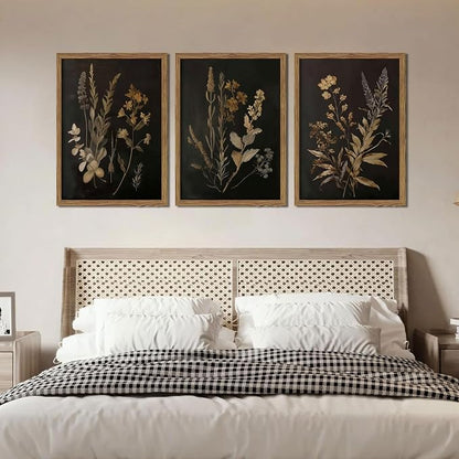 Framed Dark Botanical Wall Art Set of 3, Black Moody Floral Wall Decor Paintings, Dark Academia Decor, Vintage Flower Artwork Prints Pictures for Living Room Bedroom Bathroom 16x24 Inch