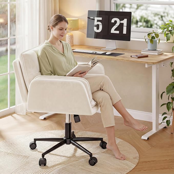 DurayLoly Criss Cross Chair with Flip-Up Arms & Swivel Wheels, Cross Legged Chair with Adjustable Height Comfortable Wide Seat Reclining Computer Office Desk Chairs for Home Office, Make Up, Bed Room
