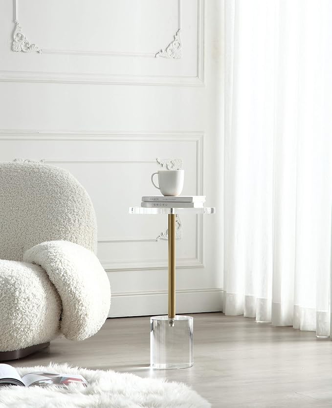 Artmaze Clear Acrylic End Table,Side Table,Brushed Brass Metal,Round,for Office, Living Room and Bedroom,Easy Assembly,12x12 inch，21.3 inch high