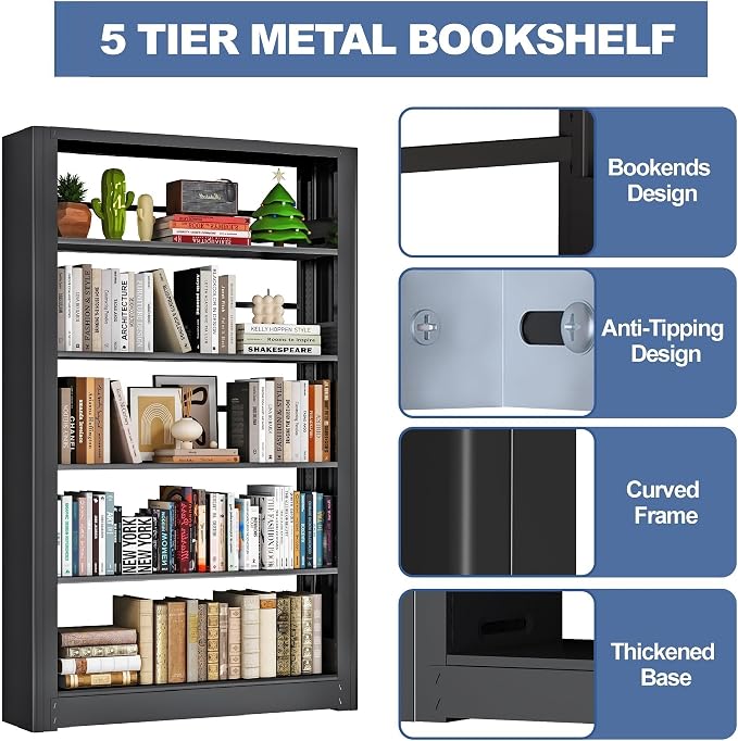 Bookshelf, Heavy Duty Metal Book Shelf, Industrial Tall BookShelves with Adjustable Shelves, 280lbs Shelf Capacity, Large Office Bookcase, Display Book Organizer for Living Room Library - 69”H