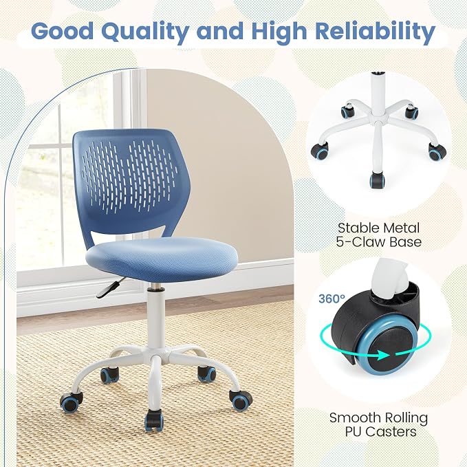 POWERSTONE Small Home Office Desk Chair, Swivel Rolling Study Computer Chair, Adjustable Height Task Chair with Armless Mid Back, Upholstered Mesh Seat, Blue
