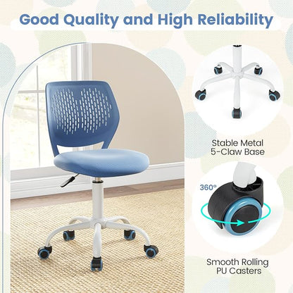 POWERSTONE Small Home Office Desk Chair, Swivel Rolling Study Computer Chair, Adjustable Height Task Chair with Armless Mid Back, Upholstered Mesh Seat, Blue