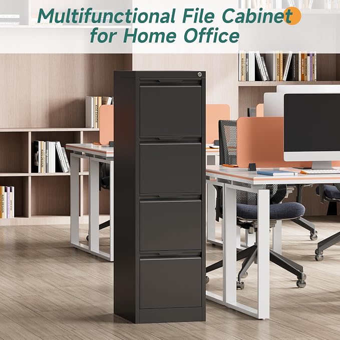 4 Drawer File Cabinet, Vertical Filing Cabinets for Home Office, 17.8" d Metal File Cabinets with Lock, Black Deep File Cabinets for Legal/Letter Size File, Easy Assembly
