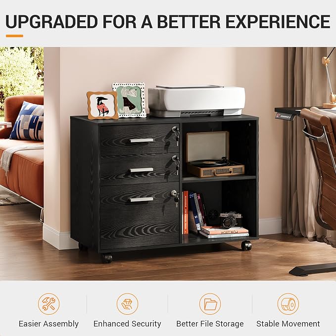 DEVAISE 3-Drawer Wood File Cabinet with Lock, Mobile Lateral Filing Cabinet, Printer Stand with Open Storage Shelves for Home Office, Black