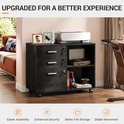 DEVAISE 3-Drawer Wood File Cabinet with Lock, Mobile Lateral Filing Cabinet, Printer Stand with Open Storage Shelves for Home Office, Black