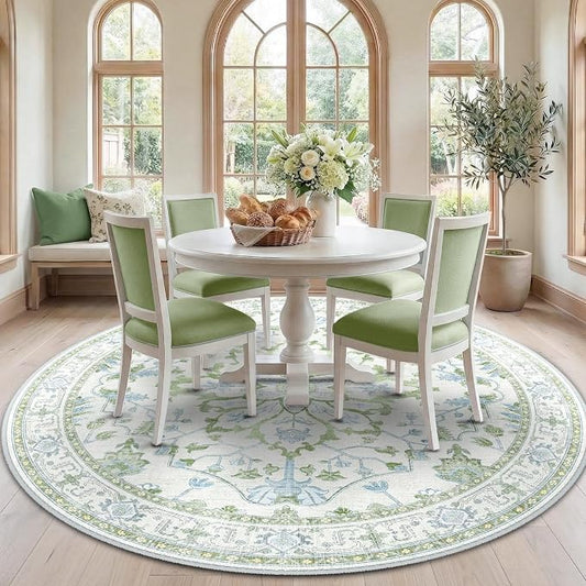 RELEANY Area Rugs Round 7ft Washable Non-Slip, Floral Vintage Distress Medallion Carpet for Living Room Bedroom Dining Room, Green White Blue
