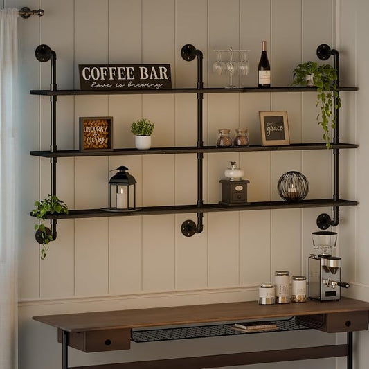 HDDFER Floating Shelves 70 inch Wall Bookshelf Industrial Pipe Shelving Shelves Real Wood Planks Rustic Wall Shelves Hanging Bookshelves Farmhouse Kitchen Bar Shelving
