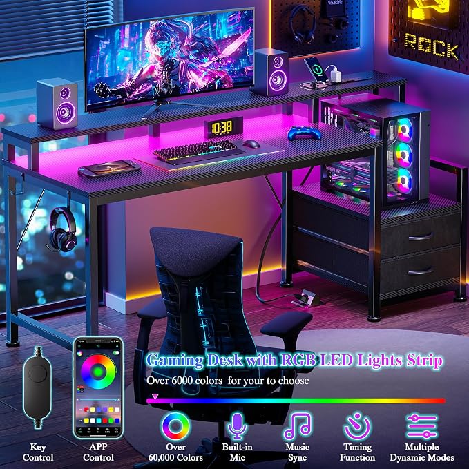 Furologee 55" Gaming Desk with LED Lights & USB-C Port, Reversible Computer Desk with Monitor Stand, Storage Shelves & 2 Fabric Drawers, Gaming Table with Power Outlets & Hooks, Carbon Fiber Black