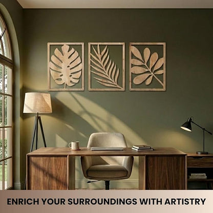 qmmp Modern Wooden Wall Sculptures - Set of 3 - Home Decor Accent - Large Wall Art for Living Room, Bedroom, Office - Easy Installation (Oak, Large - Tree Leaves)