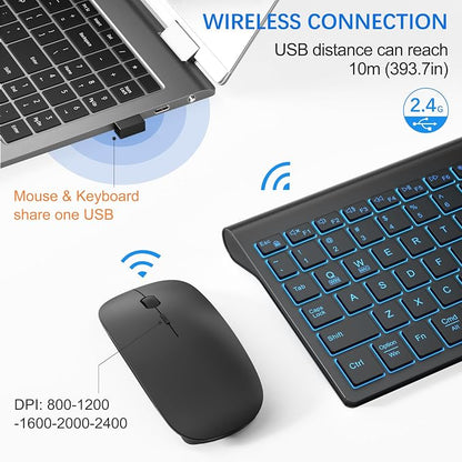 Wireless Backlit Keyboard and Mouse Ultra Slim Combo, TopMate 2.4G Silent Compact 2400DPI Mouse and Scissor Switch Keyboard Set, Batteries Included, for PC/Laptop/Windows/Mac/Gaming - BL Matte Black