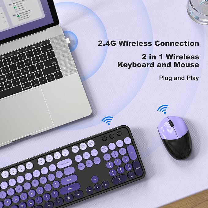 Wireless Keyboard and Mouse Combo, 2.4GHz Gradient Colorful Full-Size Retro Typewriter Keyboard with Wireless Mouse for PC/Desktop/Laptop/Windows (Black Purple)
