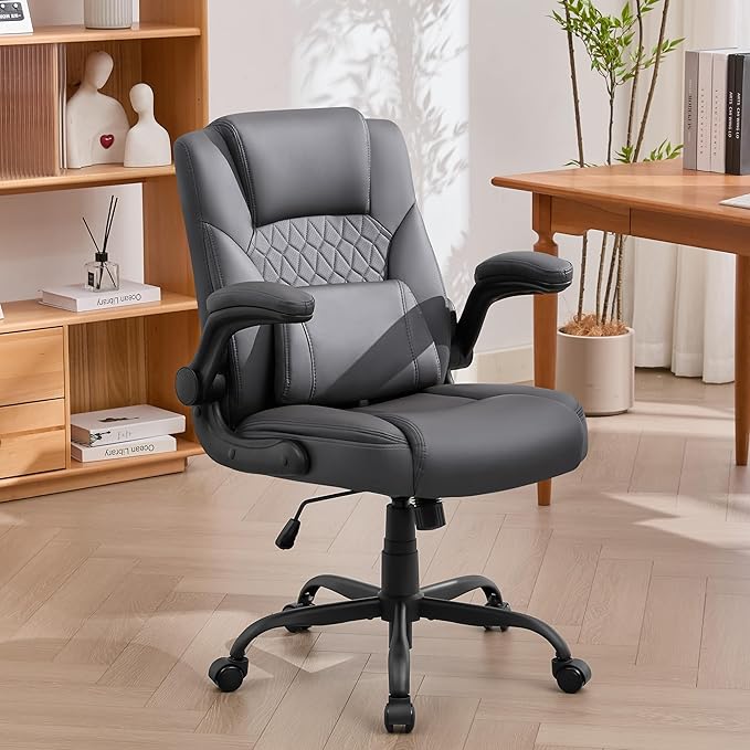 Home Leather Office Chair with Lumbar Support, 5" Padded Seat, Small Rocking Desk Chair, Comfy Computer Chairs with Rolling Wheels & Adjustable Arms for Adults, Grey