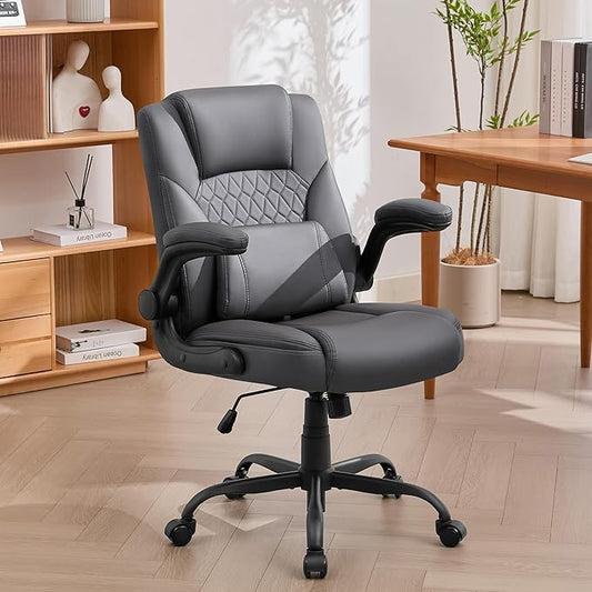Home Leather Office Chair with Lumbar Support, 5" Padded Seat, Small Rocking Desk Chair, Comfy Computer Chairs with Rolling Wheels & Adjustable Arms for Adults, Grey
