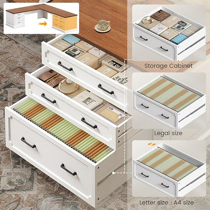 SEDETA Farmhouse 78.8" L Shaped Desk with 6 Drawers, Home Office Desk with Power Outlet, File Cabinet Storage, Wood Corner Computer Desk for Work and Study, White+Brown