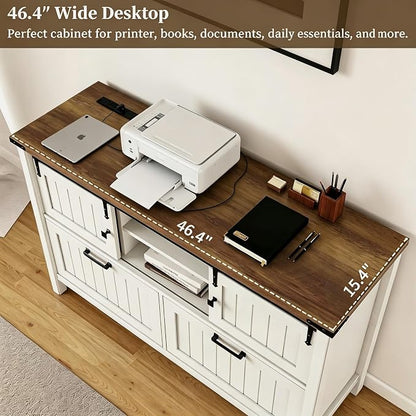 Lateral File Cabinet with Charging Station, Farmhouse Sliding Barn Doors & 2 Drawers, Antique White Printer Stand for Letter/A4/FC Hanging Folders