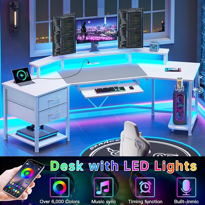 SEDETA 79" Gaming Desk, Computer Desk with 2 Fabric Drawers & LED Light, White Small Desk with Storage for Home Office, Carbon Fiber White