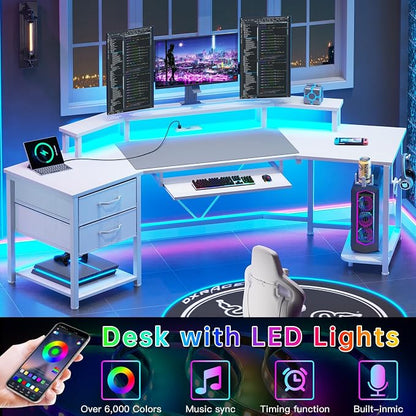 SEDETA 79" Gaming Desk, Computer Desk with 2 Fabric Drawers & LED Light, White Small Desk with Storage for Home Office, Carbon Fiber White