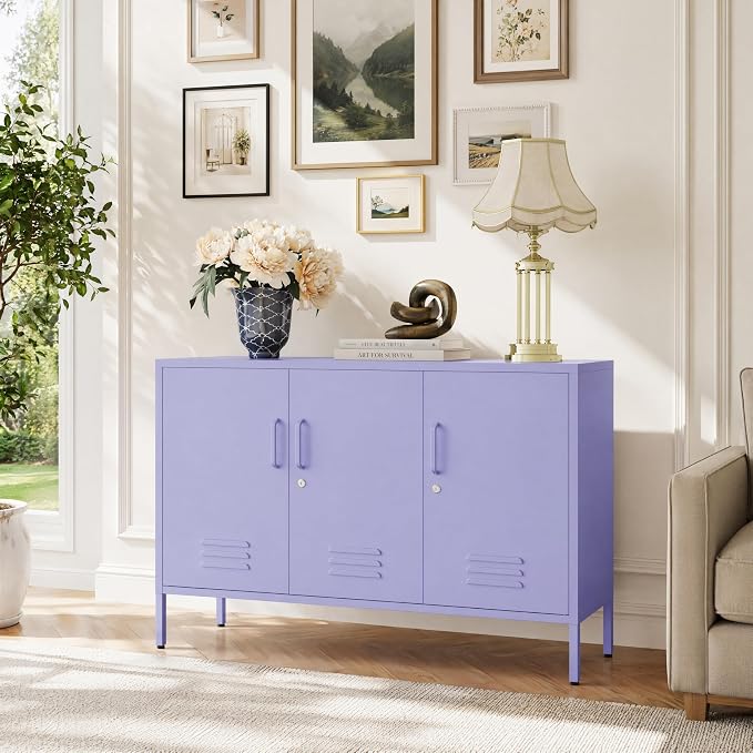 Purple Wide 3-Door Accent Cabinet, Lockable Metal Sideboard with Adjustable Shelves, Multifunctional Cabinet for Home Living Room Kitchen Bedroom