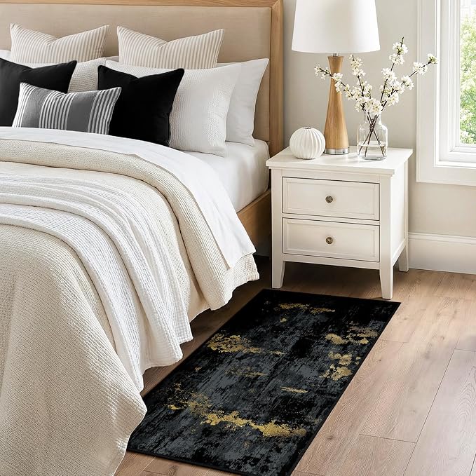 RELEANY Washable Area Rugs 2'x5' Non-Slip Modern Abstract Soft for Living Room Entryway Bedroom Kitchen, Print Pattern, Dark Black Gold
