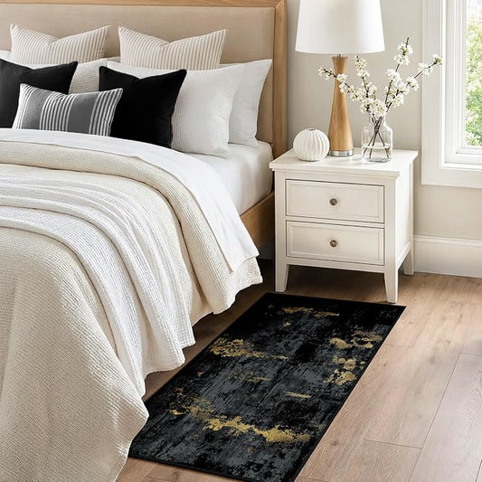 RELEANY Washable Area Rugs 2'x4' Non-Slip Modern Abstract Soft for Living Room Entryway Bedroom Kitchen, Print Pattern, Dark Black Gold