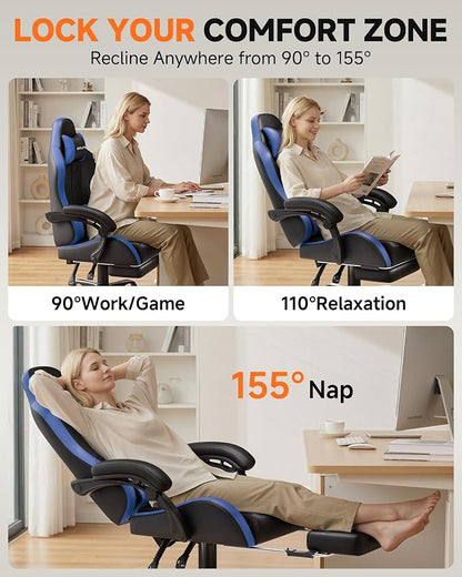GTPLAYER Gaming Chair with Footrest, Computer Gaming Chair for Adults, Height Adjustable Gamer Chair with 90-155° Recline & Removable Headrest Lumbar Support, Dark Black-Blue