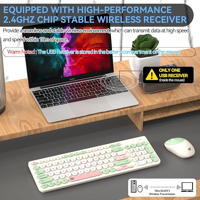Wireless Keyboards Mouse Combos, Colorful Quiet Keyboard Cute Typewriter Full-Size Retro Round Keycaps, 2.4GHz Sleep Mode Office Wireless Keyboard and Mouse Set for Desktop Laptop PC Computer