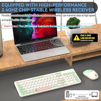 Wireless Keyboards Mouse Combos, Colorful Quiet Keyboard Cute Typewriter Full-Size Retro Round Keycaps, 2.4GHz Sleep Mode Office Wireless Keyboard and Mouse Set for Desktop Laptop PC Computer