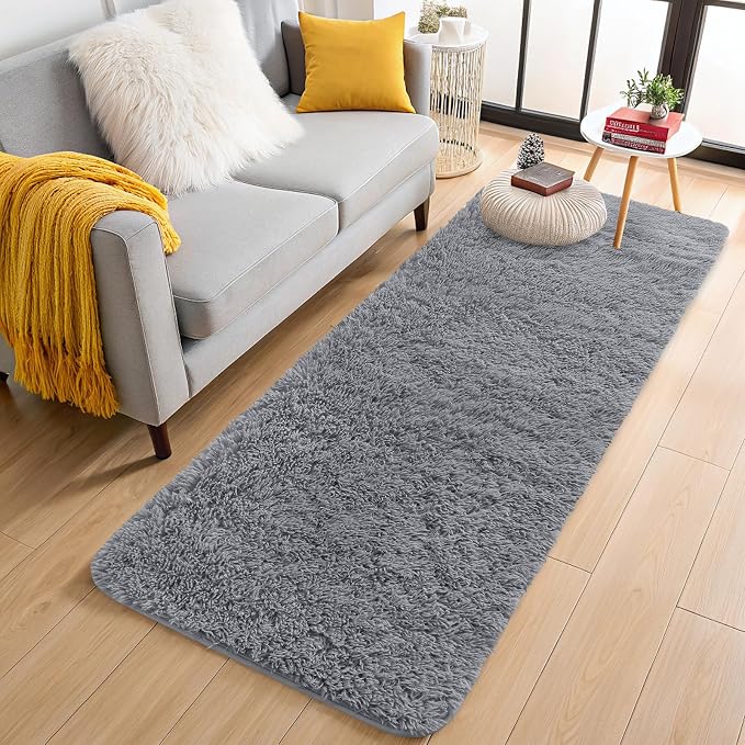 OLANLY 2x8 Machine Washable Runner Rugs for Hallway, Soft Fluffy Shaggy Bedside Rugs for Bedroom, Living Room, Indoor Floor Carpet for Kids Girls Boys, Nursery Rooms, Home Decor Aesthetic, Light Grey