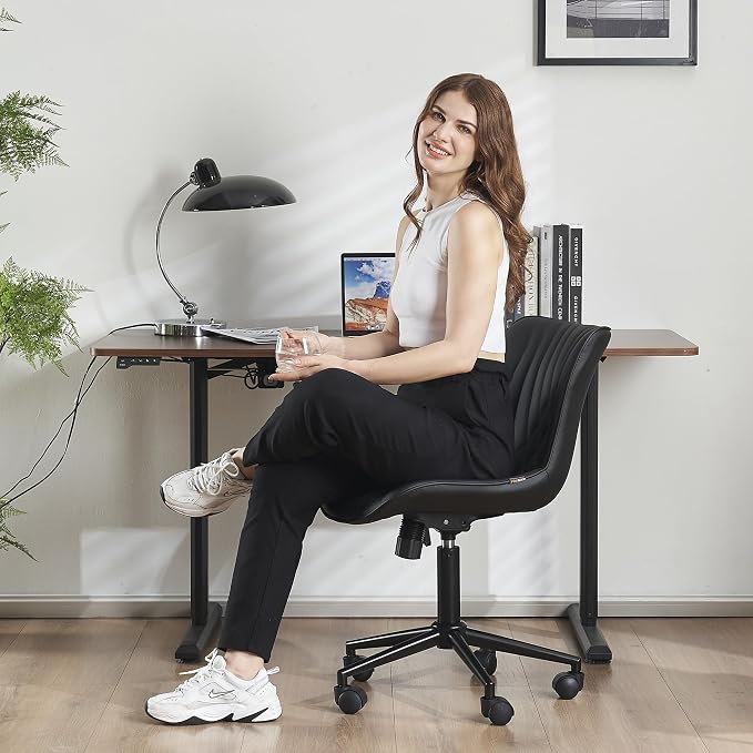 YOUTASTE Black Modern Office Chair, Armless Swivel PU Leather Desk Chair with Wheels, Height Adjustable Rolling Computer Chair with Metal Legs for Bedroom, Home Office, Study, or Vanity