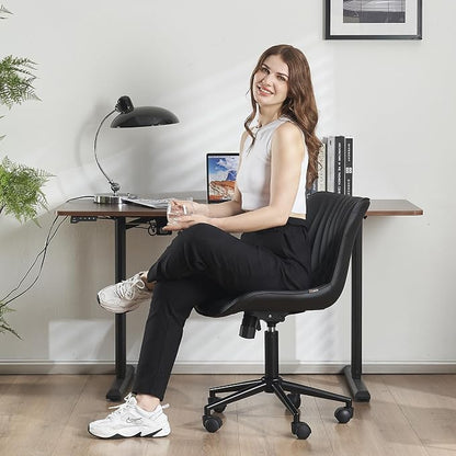 YOUTASTE Black Modern Office Chair, Armless Swivel PU Leather Desk Chair with Wheels, Height Adjustable Rolling Computer Chair with Metal Legs for Bedroom, Home Office, Study, or Vanity