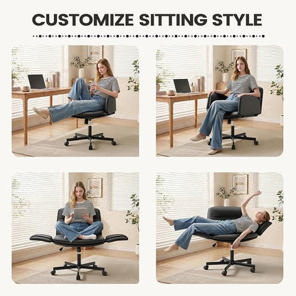 Furmax Vanity Chair with Adjustable Armrests, Comfortable Oversized PU Leather Criss Cross Chair with Wheels, Wide Office Desk Chair for Home, Make Up, Bed Room (Black)
