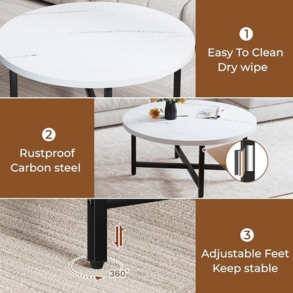 Coffee Table, 31.5" Large Coffee Tables, White Round Coffee Tables for Living Room, Floor Table for Sitting on The Floor, Center Coffee Table with Metal Frame for Office Apartment Home