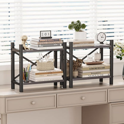 Desktop Bookshelf, 4-Tier Stackable Narrow Bookcase, Adjustable Industrial Desk Organizer & Hutch - Rustic Brown Wood Desktop Book Organizer for Living Room, Bedroom & Home Office