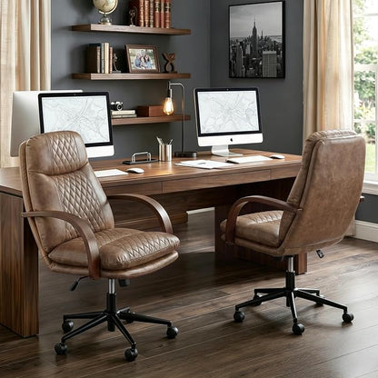KISLOT Home Office Desk Chair, Ergonomic Office Chair with Lumbar Support, Adjustable Swivel Computer Chair with Wheels, Faux Leather Executive Task Chair with Wood Arms, Set of 2, Brown