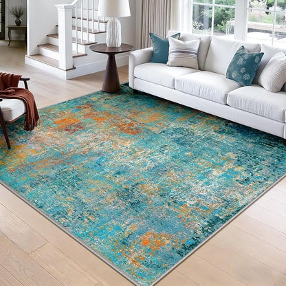 RELEANY Washable Area Rugs Square 8ft Non-Slip Modern Abstract Soft for Living Room Entryway Bedroom Kitchen, Print Pattern, Teal Blue Green Orange Rust Red Coloreful