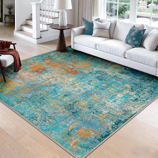 RELEANY Washable Area Rugs Square 8ft Non-Slip Modern Abstract Soft for Living Room Entryway Bedroom Kitchen, Print Pattern, Teal Blue Green Orange Rust Red Coloreful
