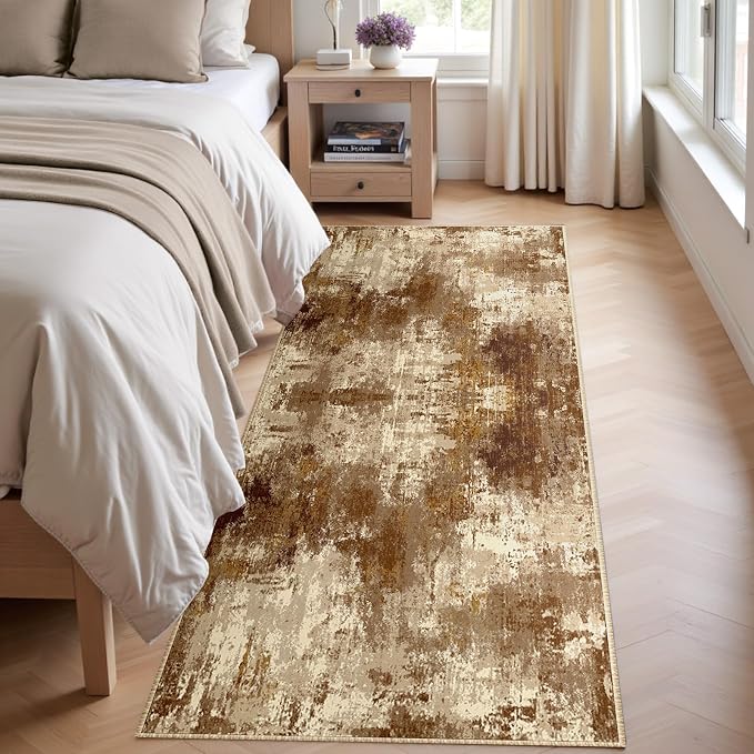 RELEANY Washable Area Rugs 2'x10' Non-Slip Modern Abstract Soft for Living Room Entryway Bedroom Kitchen, Print Pattern, Brown Tan Beige Coffee