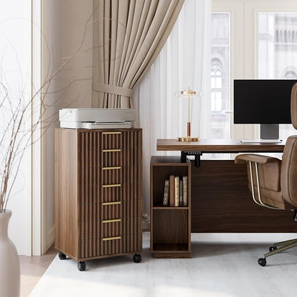 7 Drawer File Cabinet with Wheels for Home Office, Black Walnut | Fluted 7 Drawer Chest, Wood File Cabinet with Lockable Wheels, Anti-Tip Design